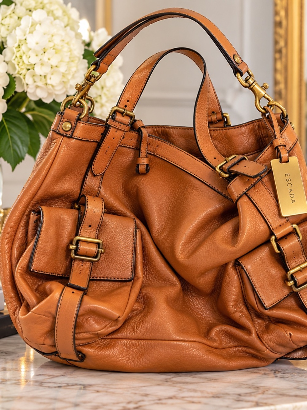 Escada Cognac Leather Shoulder Bag with Brass Hardware